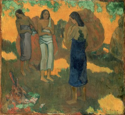 Drie Tahitiaanse vrouwen tegen een gele achtergrond door Paul Gauguin